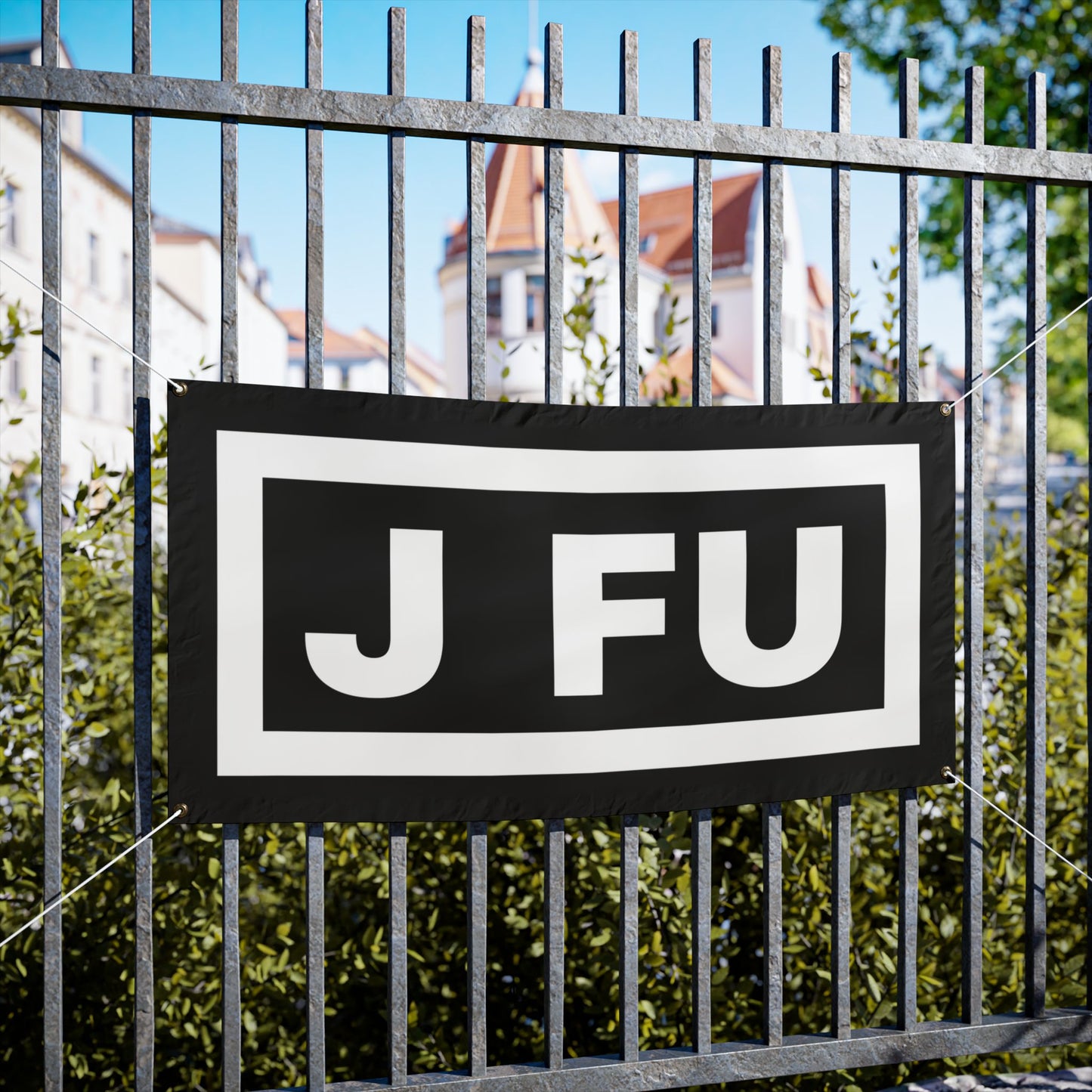 J FU Classic Logo Vinyl Banner: Your Space’s New Best Friend